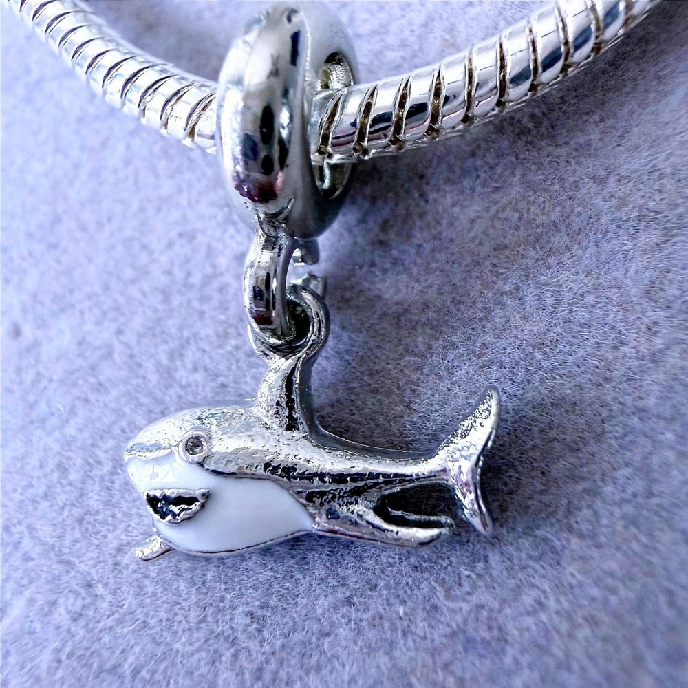 Shark Dangle Charm White Enamel Ocean Jewelry fits PANDORA